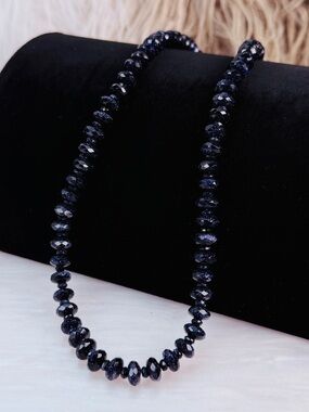 Blue Goldstone Rondelle Bead Necklace Magnetic Barrel Clasp in Midnight Sparkle